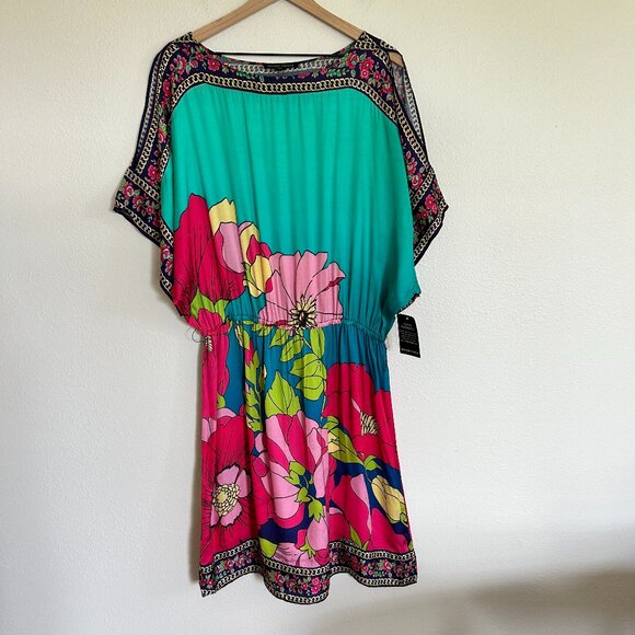 NWT Boston Proper Dress XL Green Floral Peasant Cold Shoulder Tunic - Picture 1 of 12